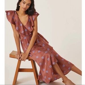 Anthropologie Ruffle-Sleeve Floral Printed-Wrap Maxi Dress Size M